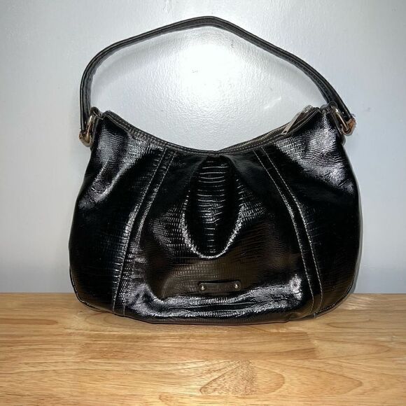 Nine West Black Croc Embossed Patent Vegan Leather Purse Hobo Style Shoulder Bag - Picture 1 of 14